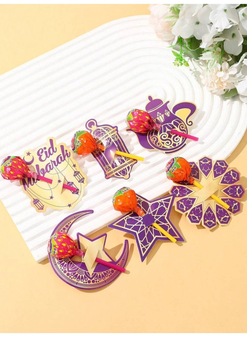 توزيعات العيد زينة العيد 24 بطاقة لولي بوب بتصميم عيد مبارك باللون البنفسجي والذهبي بطاقات تغليف هدايا وديكور طاولة حفلات العيد ورمضان و قرقيعان - Image 1